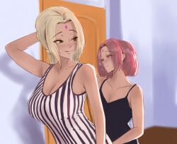 2girls aad2dd alternate_costume armpits big_breasts blonde_hair blush breasts busty cleavage dress facial_mark female female/female female_only forehead_mark looking_at_another looking_back multiple_girls naruto naruto_(series) naruto_shippuden older_female pink_hair sakura_haruno smile teacher_and_student tsunade younger_female yuri