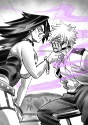 1boy 1girls black_and_white bondage bondage_gear female hero_outfit_(mha) hypnosis katsuki_bakugou midnight_(my_hero_academia) milf mind_control monochrome muzzled my_hero_academia nemuri_kayama school_uniform teacher_and_student wildmage