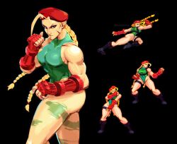 2d beret blonde_hair british cammy_white capcom clothed female green_leotard kercy leotard muscular muscular_female muscular_thighs pixel_art red_beret solo solo_female street_fighter