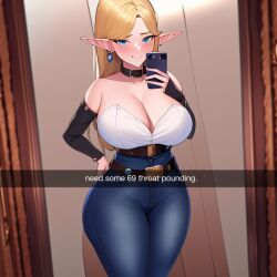 1girls ai_generated alborewimi bare_shoulders belt black_sleeves blonde_female blonde_hair blue_eyes blush breasts caption collar curvy denim edit elbow_sleeves elf elf_ears elf_female english_text female hand_on_hip holding_phone horny_female huge_breasts inviting inviting_to_sex inviting_to_suck jeans light-skinned_female long_hair looking_at_viewer mirror mirror_selfie nai_diffusion pawg phone pointy_ears round_ass round_butt seductive_smile selfie showing_off snapchat solo stable_diffusion standing thick_ass wide_hips