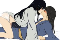 1boy 1girls all_fours black_hair blush closed_mouth dominant_female duo female female_on_top gintama hair_down japanese_clothes katsura_kotarou kimono kissing kissing long_hair long_hair_male looking_at_another male nervous on_back panties profile smile sweatdrop white_panties yagyuu_kyuubei