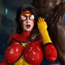 1boy 1girls 3d big_penis cum cum_on_breasts cum_on_face dark-skinned_male dark_skin female interracial jessica_drew large_breasts male marvel nordfantasy partial_male spider-man_(series) spider-woman