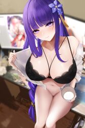 1girls big_breasts bottomless bra female female_only genshin_impact hair_ornament hi_res highres large_breasts liu_liaoliao long_hair looking_at_viewer milk mole mole_under_eye navel open_shirt purple_eyes purple_hair raiden_shogun shirt solo solo_female thick underwear voluptuous yae_miko