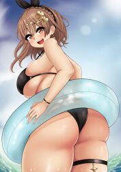 1girls ass atelier_(series) atelier_ryza back back_view bikini black_bikini breasts brown_eyes brown_hair bubble_ass bubble_butt female floatie hips huge_ass huge_breasts light-skinned_female light_skin looking_at_viewer reisalin_stout short_hair smile the_only_shoe thick_thighs thighs wide_hips