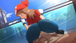 1girls ass ass_focus bandana bangs bike_shorts bike_shorts_under_skirt blue_eyes blush brown_hair clothed_female_nude_male clothed_sex clothing cowgirl_position decensored female female_on_top gloves highres huge_ass long_hair looking_at_viewer male male_pov may_(pokemon) oni-sanart open_mouth penetration penis pokemon pokemon_(game) pokemon_rse pov pussy red_bandana red_shirt reverse_cowgirl_position ripped_spats sex shirt short_sleeves spats spread_legs squatting squatting_cowgirl_position straddling tomboy tongue tongue_out torn_clothes torn_spats uncensored vaginal_penetration wide_hips