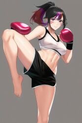 1girls ai_generated alluring athletic_female bacon_(artist) black_and_red_and_purple_hair boxing_gloves cute female female_abs female_only fit_female gloves gym_shorts kick kickboxing kicking kitsune_marks kunimitsu_ii kunoichi lavender_eyes nai_diffusion namco ponytail red-pink_boxing_gloves sports_bra stable_diffusion tekken tekken_8