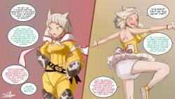 boots breasts cat_ears dancing diaper jumpsuit miniskirt nia nintendo shirt short_hair silver_hair sketchmandl skirt small_breasts text text_bubble xenoblade_(series) xenoblade_chronicles_2 yellow_eyes yellow_jumpsuit yellow_shirt