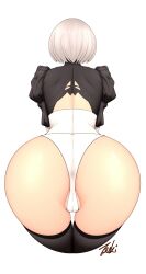 1girls ass ass_focus back back_view big_ass black_thighhighs clothing dat_ass female female_only hair huge_ass legwear leotard nier nier:_automata nier_(series) solo solo_female thick_thighs thighhighs thighs tsuki_riven white_hair yorha_2b