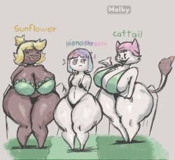 anthro big_ass big_butt bikini cat_ears cat_tail catgirl cattail_(pvz) female front_view fungy furry gothicc_komy_(artist) hypno-shroom_(pvz) plant_girl plant_humanoid plantie plants_vs_zombies sunflower_(pvz) text thick_ass thick_thighs thighs