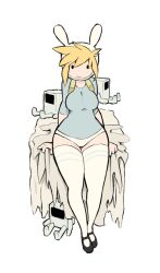 1girls adventure_time backpack bag blonde_hair bottomless bunny_hood clothing curvy facing_viewer female fionna_the_human_girl footwear full_body headwear human leaning legwear no_pants pale_skin panties simx smile stockings white_panties