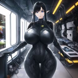 1girls ai_generated arcadiasofka black_hair bodysuit elf elf_ears female female_only huge_breasts intricate_background nai_diffusion science_fiction solo stable_diffusion