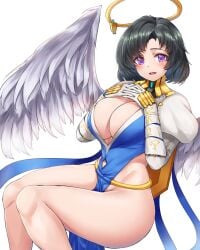 1girls absurd_res absurdres angel_(last_origin) angel_wings big_breasts black_hair blue_dress blush blush_lines blushing_at_viewer breasts cho!cho! cleavage cleavage_cutout clothing_cutout dress elbow_gloves female female_focus female_only gloves halo hands_up hi_res high_resolution highres large_breasts last_origin light-skinned_female light_skin looking_at_viewer only_female open_mouth pelvic_curtain purple_eyes short_hair simple_background sitting smile solo solo_female solo_focus teeth thick thick_thighs thighs tongue upper_teeth white_background wings