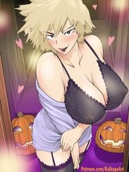 1girls big_breasts black_bra black_eyes black_thighhighs blonde_hair blush bra breasts cleavage female female_only garter_straps halloween heart huge_breasts jack-o'-lantern looking_at_viewer mature mature_female mature_woman milf mitsuki_bakugou mother my_hero_academia pumpkin purple_shirt raikage_art shirt solo solo_female thick_thighs thighhighs thighs topwear