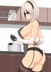 1girls alternate_version_available apron apron_only armwear ass big_ass big_breasts black_thighhighs blindfold breasts cooking female female_only garter_belt garter_straps grey_apron hair huge_breasts legwear naked_apron nier nier:_automata nier_(series) short_hair smile solo solo_female thick_thighs thighhighs thighs tsuki_riven white_gloves white_hair yorha_2b