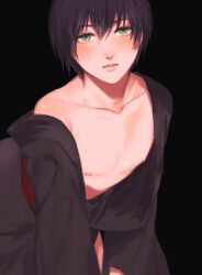 aged_down allenkung1 bishonen black_background blush dark_hair gintama green_eyes kimono looking_at_viewer male male_only nipples off_shoulder open_kimono painting_(artwork) parted_lips pecs purple_hair solo takasugi_shinsuke twink