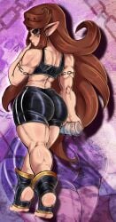 ass big_ass big_butt black_sclera brown_hair charlotte_(reliusmax) charlotte_mors curvaceous curvy curvy_figure elf elf_ears elf_female feet long_hair markings muscular muscular_female muscular_legs nymph oc original_character pointy_ears reliusmax shortstack soles solo_female sports_bra sportswear stirrup_socks tattoo thick thick_ass thick_thighs toeless_legwear toned toned_back toned_female