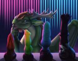 2022 abstract_background ambiguous_gender animal_dildo animal_sex_toy antlers blue_eyes brown_hair canine_dildo claws countershade_torso countershading deanosaior detailed detailed_scales dildo dragon ears_back equine_dildo fangs feral finger_claws green_body green_scales hair hi_res horn long_hair long_neck membrane_(anatomy) membranous_wings nose_spike pivoted_ears scales scalie sex_toy shaded shadow solo watermark wings