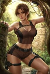 1girls alternate_version_available breasts brown_eyes brown_hair cleavage female female_only full_lips fully_clothed gun hartman_hips holster hotpants lara_croft lara_croft_(l.a.u.) large_breasts looking_at_viewer midriff outdoors outside ponytail posing sciamano240 short_shorts solo solo_female thigh_holster tight_clothing tight_pants tight_tank_top tomb_raider tomb_raider_(l.a.u.) tomb_raider_(survivor) wide_hips