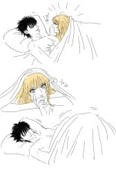 1boy 1girls black_hair blonde_hair blue_eyes chi_c_lov fellatio fellatio_under_sheet female gintama implied_oral in_bed kawakami_bansai kijima_matako long_hair looking_at_another looking_pleasured lying_on_person male morning_blowjob nude on_back on_bed on_stomach oral partially_colored smile wholesome