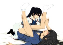 1boy 1girls androgynous ankle_socks anklehighs bare_legs black_hair blush brown_eyes clothing dominant_female eye_patch feet_up female femdom fully_clothed gintama imminent_sex japanese_clothes katsura_kotarou kimono legs_held_open legs_up long_hair long_hair_male looking_at_another male malesub nervous on_back on_bed open_mouth ponytail smile socks submissive_male sweatdrop tabi tomboy white_socks yagyuu_kyuubei