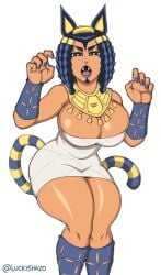 ankha_(cosplay) blue_lipstick blue_nails breasts cat_ears ermes_costello fangs female heart_eyes huge_breasts jojo's_bizarre_adventure luckyshazo open_mouth painted_nails stone_ocean thick_thighs