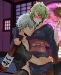 1boy 1girls alcohol angry annoyed blonde_hair blush chonmage drinking drunk embrace female fishnet_thighhighs fishnets gintama gintoki_sakata hair_ornament half-closed_eyes hand_on_ass head_on_breasts hug ichirei indoors japanese_clothes kimono kiseru kunoichi looking_at_viewer male obi open_shirt pipe purple_eyes reach_around red_eyes sake side_slit silver_hair sitting_on_lap sitting_on_person smoking smoking_pipe sweatdrop thighhighs tied_hair tsukuyo zettai_ryouiki