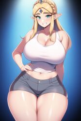 1girls ai_generated bimbo blonde_hair breath_of_the_wild curvy curvy_figure green_eyes hand_on_hip hot_pants huge_ass huge_breasts long_hair looking_at_viewer nai_diffusion princess_zelda seductive_smile shiny_clothes shiny_hair shiny_skin stable_diffusion the_legend_of_zelda white_tank_top wide_hips zelda_(breath_of_the_wild)