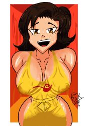 big_breasts breasts brown_eyes brown_hair covered_nipples inverted_nipples lic_rick milf milk milking_breasts mother_(pokemon_sv) nipples paldea_mother pokemon pokemon_sv pussy_hair