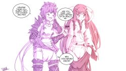 2girls breasts brown_hair diaper diaper_under_clothing fan_la_norne gauntlets hagoromo haze_(xenoblade) long_hair lora_(xenoblade) medium_breasts nintendo purple_hair shirt short_hair sketchmandl skirt skirt_down skirt_lift tabard text text_bubble white_shirt winking xenoblade_(series) xenoblade_chronicles_2 xenoblade_chronicles_2:_torna_the_golden_country