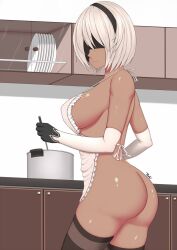 1girls alternate_skin_color alternate_version_available apron apron_only armwear ass big_ass big_breasts black_thighhighs blindfold breasts cooking dark-skinned_female dark_skin female female_only hair huge_breasts legwear naked_apron nier nier:_automata nier_(series) short_hair smile solo solo_female tanned tanned_girl thick_thighs thighhighs thighs tsuki_riven white_apron white_gloves white_hair yorha_2b