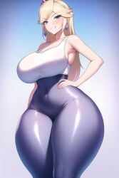 ai_generated bimbo blonde_hair blue_eyes clothed curvy curvy_figure hand_on_hip high_waisted_pants latex long_hair looking_at_viewer mario_(series) nai_diffusion nintendo princess_rosalina seductive_smile shiny_clothes shiny_hair shiny_skin stable_diffusion thick_thighs white_tank_top