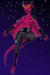 1girls 2022 2d alien alien_girl alien_humanoid ben_10 breasts female female_only humanoid nipples open_clothes red-skinned_female red_body red_eyes red_skin simple_background stars swift_(ben_10) tharrek tharrrek thick_thighs topless