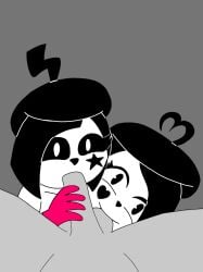 1boy 2girls anon ball_lick ball_licking ball_sucking bonbon_(derpixon) chuchu_(derpixon) collaborative_fellatio erect_penis fellatio looking_at_viewer mime_and_dash multiple_girls pac-man_eyes pov pov_crotch teamwork