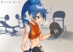 1girls angry_expression angry_face battle_girl_(pokemon) battle_girl_(pokemon_oras) blue_eyebrows blue_hair dumbbell excercise female female_focus female_human female_only game_freak gym gym_clothes hair_tie japanese_text lifting_weights long_hair muscle muscles muscular muscular_female npc_trainer pokemon pokemon_oras ponytail shauna_(hoenn) sports_bra sweat sweat_stain sweatdrop sweating sweating_profusely sweaty sweaty_belly sweaty_body sweaty_breasts tied_hair tiny_waist trainer training weights wet_clothes workout