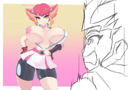 anna_kozuki areolae big_breasts breasts_out clothing female huge_breasts nipples shocked short_hair shorts skirt smug surprised tagme tomboy unzipped wonster-chan yu-gi-oh! yu-gi-oh!_zexal yuma_tsukumo