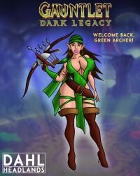 1girls arrow belt belt_buckle brown_hair dahlheadlands elf elf_ears facing_viewer full_body garter gauntlet_dark_legacy gauntlet_legends green_archer green_clothing green_eyes hoop_earrings light-skinned_female light_armor long_hair looking_at_viewer nipple_bulge pelvic_curtain pin_up pose solo tattoo thighhigh_boots video_games