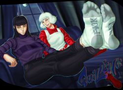 2022 2d 2d_(artwork) 2girls 5_fingers 5_toes big_ass big_breasts big_butt big_feet black_hair cecillia_(nyoolie) character_request clothed clothed_female duo duo_female duo_focus feet feet_together feet_up female female_focus female_on_top female_only femdom foot_fetish foot_focus heels heels_focus legs legs_crossed legs_together legs_up light-skinned_female light_skin long_hair looking_at_viewer nyoolie oc original_characters penn_(nyoolie) shoes_removed short_hair sock_fetish socks socks_only toe_curl toes toes_visible_through_clothing white_hair