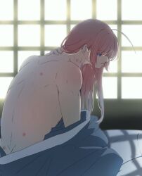 after_sex ahoge amami_(pixiv) bishonen blue_eyes bruises gintama hair_down hickey hickey_marks kamui_(gintama) long_hair long_hair_male looking_at_viewer looking_back male male_only morning_after open_kimono orange_hair rear_view solo topless topless_male window