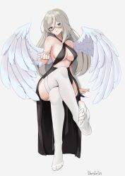 1girls aia_amare angel angel_wings bare_shoulders barely_contained_breasts big_breasts black_dress blue_eyes blush cleavage dress exposed_shoulders feet foot_focus glasses gray_hair green_eyes grey_hair legwear light-skinned_female light_skin nijisanji nijisanji_en one_foot_raised sideboob solo stockings thighhighs thighs tongue_out virtual_youtuber wings wriskelis