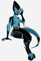 1girls 2022 2d accurate_art_style alien alien_girl artist_signature ben_10 ben_10_omniverse blue-skinned_female blue_body blue_skin blush breasts cartoon_network fanart female female_focus female_only helen_wheels kineceleran nipples no_bra open_clothes pinup simple_background small_breasts tharrek white_eyes