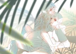 2boys amami_(pixiv) ass_cleavage bubble_butt butt_crack gay gintama implied_sex kamui_(gintama) looking_at_viewer looking_back male male_only okita_sougo pants_down restricted_palette shirt_in_mouth shirt_lift sitting_on_person smile straddling sweat wet_clothes wet_skin yaoi