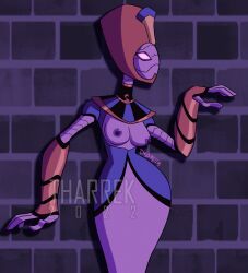 1girls 2020s 2022 alien alien_girl alien_humanoid ben_10 ben_10_omniverse breasts brick_wall cartoon_network fanart female female_focus female_only medium_breasts mummy pinup simple_background tharrek thep_kufan wide_hips