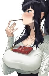 1girls big_breasts black_hair breasts clothed eating food huge_breasts jagaimo kkamja large_breasts light-skinned_female light_skin looking_away object_in_mouth object_on_breast original_character pocky ponytail solo solo_female yoo_sena