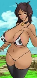 1girls amber_eyes bell bell_collar belly belly_button big_breasts bikini blue_sky blush camila_(nanatsu_no_taizai) cleavage cloud clouds cow_bikini cow_print dark-skinned_female embarrassed female g-string grass hand_on_breast horns huge_breasts large_breasts leggings legs long_hair nanatsu_no_taizai nipples purple_hair purple_horn purple_horns self_upload seven_deadly_sins shittyartz simple_coloring simple_shading sky slight_smile smile smiling smiling_at_viewer thighs