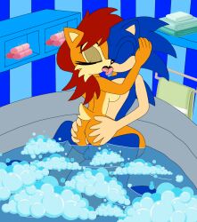 bathroom bathtub bubble_bath cowgirl cowgirl_position female french_kiss french_kissing male sally_acorn sonic_(series) sonic_the_hedgehog sonic_the_hedgehog_(archie) sonic_the_hedgehog_(comics) sonic_the_hedgehog_(series)