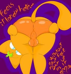 alpog21_(artist) anthro ass balls blue_eyes bottomwear bulge bulge_through_clothing clothed clothing digital_media_(artwork) genitals hi_res looking_at_viewer male male_only mammal orange_body orange_bottomwear orange_clothing orange_ears orange_paws orange_shorts orange_tail rear_view shorts simple_background solo trod