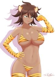 absurd_res bikini brown_hair cleavage commission crossed_eyes danganronpa danganronpa_2:_goodbye_despair dark-skinned_female fake_animal_ears female_only hand_on_hip hypnosis hypnotized large_breasts mind_control navel neolink077 open_mouth owari_akane short_hair solo straight_hair super_danganronpa_2 tiger_print