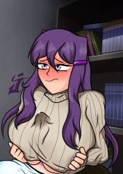 1futa 1girls big_breasts big_penis blush blush_lines blushes blushing boobfuck boobjob books bookshelf bottomless breasts clothed clothing cum_drip doki_doki_literature_club erection eyebrows eyebrows_visible_through_hair eyelashes eyes faceless faceless_character faceless_futanari female female_focus futanari hair_clip human imminent_orgasm light-skinned_female light-skinned_futanari light_skin long_hair natsuki_(doki_doki_literature_club) on_back paizuri paizuri_under_clothes partially_clothed penis purple_eyes purple_hair self_upload sweater tagme the_jimster titfuck titjob yuri_(doki_doki_literature_club)