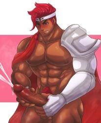 abs bara blush brown_skin cookie_run cum long_penis masturbation only_male precum red_background red_coat red_eyes red_hair red_pubic_hair white_background wildberry_cookie