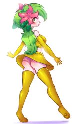 anthro anthro_only anthrofied back_view female green_eyes green_hair half_top long_hair looking_at_viewer miniskirt nintendo no_humans panties pokémon_(species) pokemon pokemon_(species) ranillopa shaymin shaymin_(land_form) solo stockings upskirt